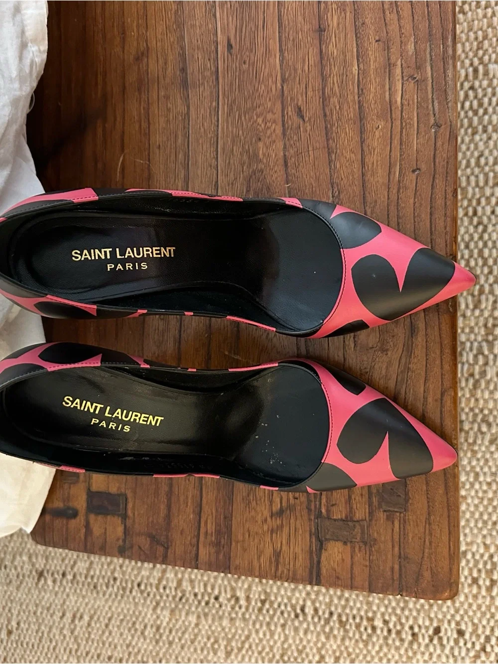 Saint Laurent YSL Pink and Black Heart-Pattern Pointed-Toe Pumps